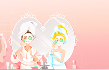 Beautiful Women with Towels on their Heads Using Homemade Facial Mask with Cucumber as Skin Treatment Procedure. People Take Self Care Vector Illustation. Girls Applying Self-made Face Mask 