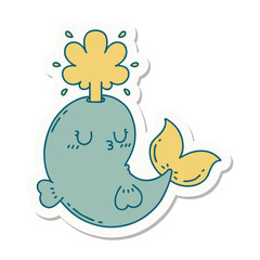 sticker of tattoo style happy squirting whale character