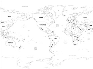 World map - America centered. High detailed political map of World with country, capital, ocean and sea names labeling