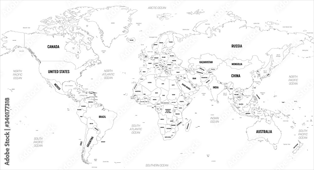 Sticker world map. high detailed political map of world with country, capital, ocean and sea names labeling - Stickers