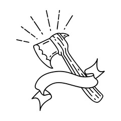 banner with black line work tattoo style hatchet axe
