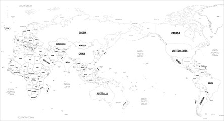 World map - Asia, Australia and Pacific Ocean centered. High detailed political map of World with country, capital, ocean and sea names labeling