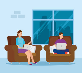women working in telecommuting sitting in couches vector illustration design