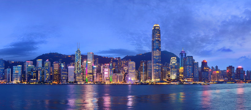 panoramic view of skyline of Hong kong island from victoria harbour