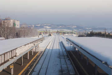 The atmosphere of the train station in the region Hokkaido after the snowstorm caused the train to not be able to open, resulting in a lot of tourists stuck at furano station.
