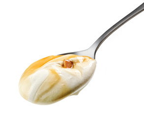 spoon of caramel yogurt