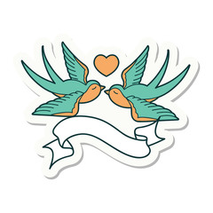 tattoo sticker with banner of a swallows and a heart