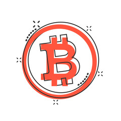 Bitcoin icon in comic style. Blockchain cartoon vector illustration on white isolated background. Cryptocurrency splash effect business concept.