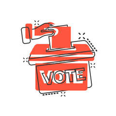 Vote icon in comic style. Ballot box cartoon vector illustration on white isolated background. Election splash effect business concept.