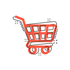 Shopping cart icon in comic style. Trolley cartoon vector illustration on white isolated background. Basket splash effect business concept.