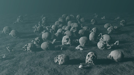 Human skulls skattered on dusty ground against foggy background, apocalypse concept, 3d render