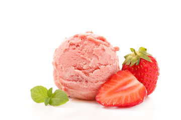 strawberry ice cream scoop isolated on white background