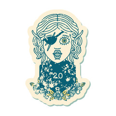 elf rogue character with natural twenty dice roll illustration