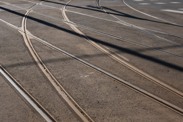 Tram tracks crossing each other. close up