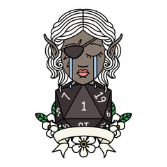 crying elf rogue character with natural one D20 roll illustration