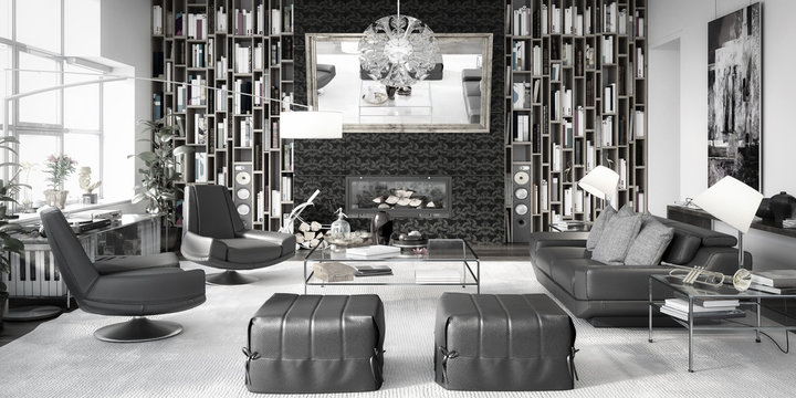 Modern Flat Furnishing - panoramic black and white 3d visualisation
