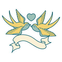 tattoo with banner of a swallows and a heart