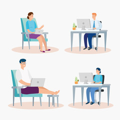 set scenes of young people with computers and laptops vector illustration design