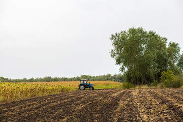 A tractor plows a field with a plow. Rural landscape of an agricultural country. Sow season