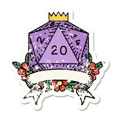 natural 20 critical hit D20 dice roll grunge sticker