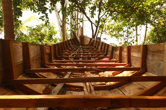 A Traditional Cambodian Or Khmer Boat  Called Bon Om Touk Being Repaired In An Island Village Of Koh Rong