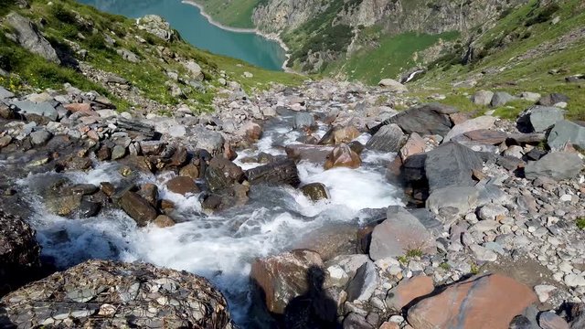 Valbondione, Bergamo, Italy. Hiking on the trail between the Lodge Barbellino and Curo'. Italian Alps, Orobie. Summer time