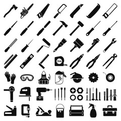 Set icons for carpentry tools, equipment, and protective clothing. Everything you need for a carpenter's workshop, from hand tools to electrical equipment. Vector illustration isolated.