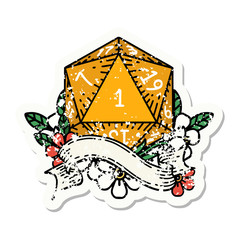 natural one d20 dice roll grunge sticker