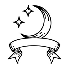 black linework tattoo with banner of a moon and stars