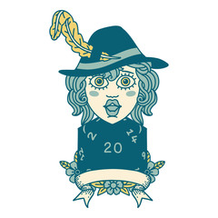 human bard character with natural 20 dice roll illustration