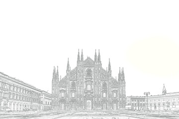 Fototapeta na wymiar The gothic facade of Duomo Cathedral in Duomo square, Milan, Italy - Drawing effect with white copy space on top
