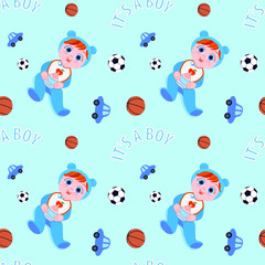 Seamless vector pattern in blue with the image of a boy and balls randomly scattered around the background. Made in the style of flat. Perfect for scrapbooking and gift paper.