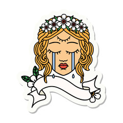tattoo sticker with banner of female face crying with third eye