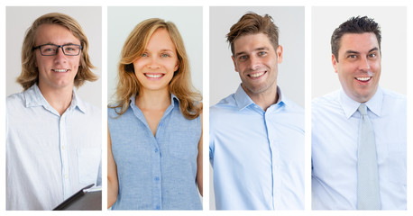 Isolated portraits of smiling young executive officials at work. Woman surrounded by men, all wearing semi-formal clothing and smiling. Gender politics in workplace concept