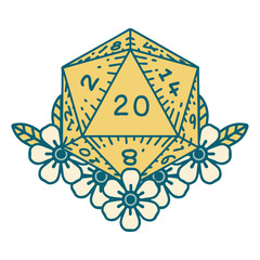 natural 20 D20 dice roll with floral elements illustration
