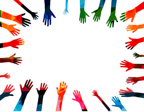 Colorful human hands raised isolated vector illustration. Charity and help, volunteerism, community support and social care concepts