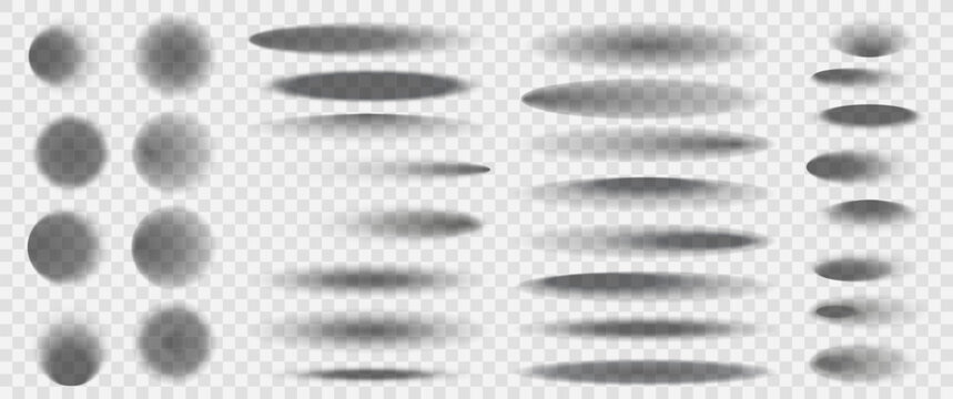 Realistic round shadows. Square transparent surface shades, floor oval and circle blurry edges shadows vector isolated templates set. Template shadow soft, realistic shape shade illustration
