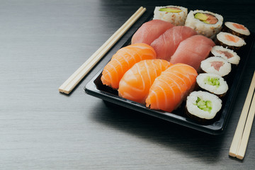 Sushi to go concept take away box.