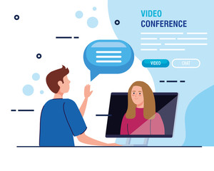 couple in video conference in laptop vector illustration design