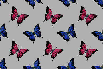 Fototapeta na wymiar seamless pattern of blue and pink butterflies drawn in watercolor on a gray background