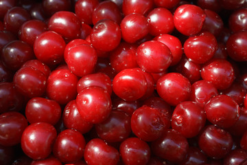 Cherries as background. Fresh organic berries. Top view.