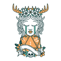 crying elf druid character face with natural one D20 dice roll illustration
