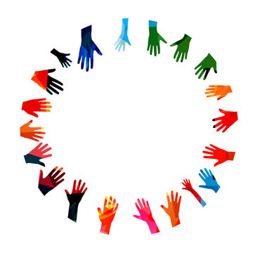 Colorful human hands raised isolated vector illustration. Charity and help, volunteerism, community support and social care concepts