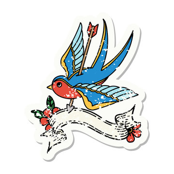 grunge sticker with banner of a swallow pieced by arrow