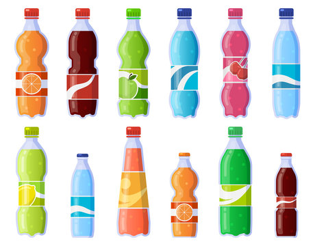 Soda drink bottles. Soft drinks in plastic bottle, sparkling soda and juice drink. Fizzy beverages isolated vector illustration icons set. Beverage drink bottle, water soda juice collection