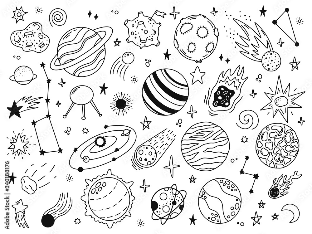 Wall mural space doodles. sketch space planets, hand drawn celestial bodies, earth, sun and moon. universe spac
