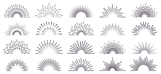 Vintage sunburst. Retro radiant sunburst, starburst hand drawn label, sun rays, firework radiant rays. Bursting explosion lines vector isolated icon set. Sunshine radial, starburst linear illustration