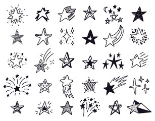 Doodle stars. Hand drawn sketch stars, starry doodles drawing icons. Star shape isolated vector illustration set. Drawing star in sky, black starry outline