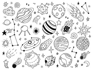 Space doodles. Sketch space planets, hand drawn celestial bodies, earth, sun and moon. Universe space planets vector illustration icons set. Celestial doodle, moon and sun drawing, universe cosmic © WinWin