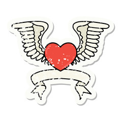 grunge sticker with banner of a heart with wings